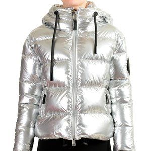 Plein Sport Women's Silver Hooded Logo Print Zip Up Parka Jacket
